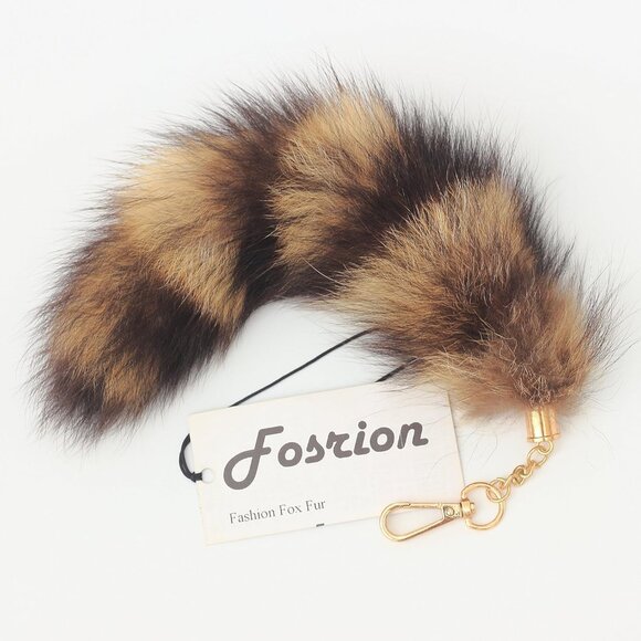 ⚡2 pcs 25cm length Authentic America Raccoon Tail Fur Handbag Chain Ring Hook - Picture 6 of 9